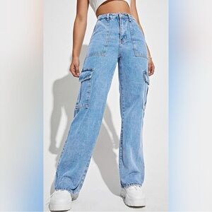 Cargo Pants High Waisted Baggy Jeans Straight Leg Y2K Streetwear 6 Pockets